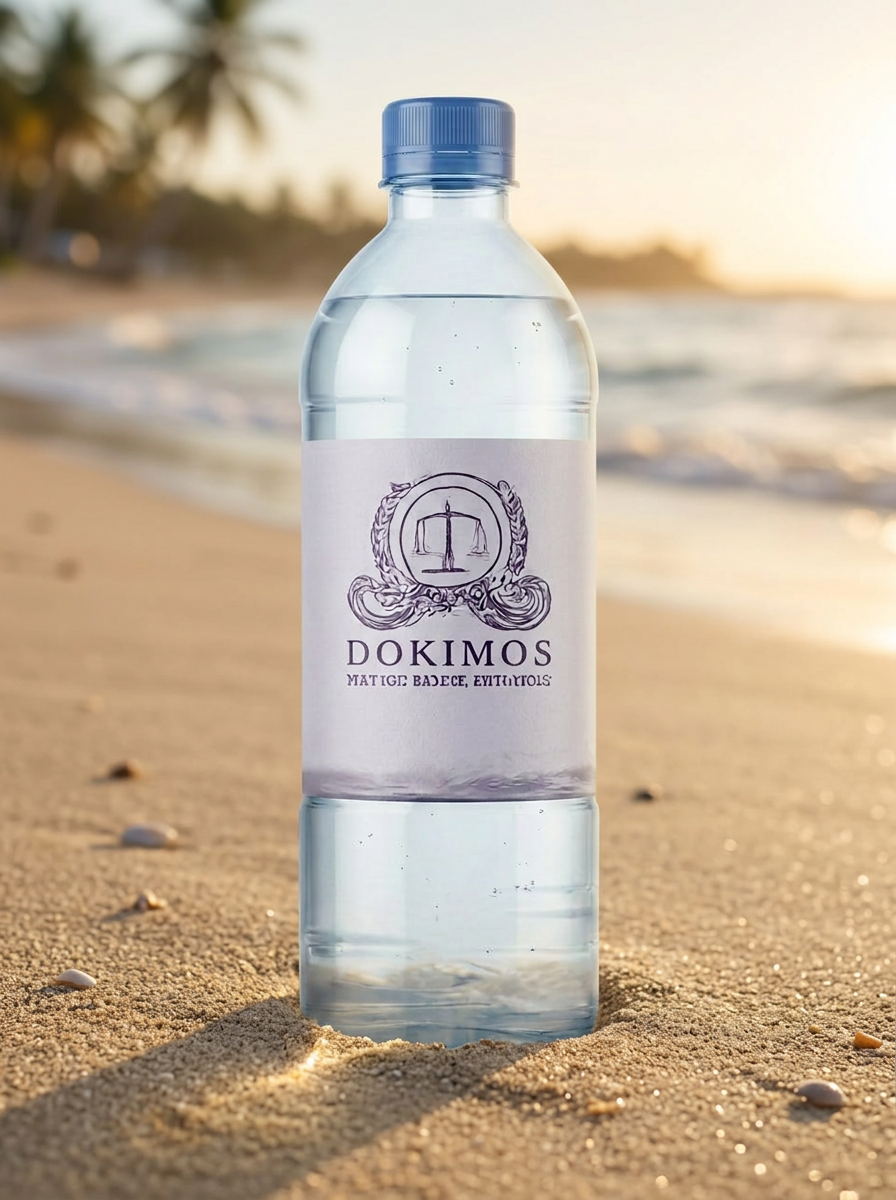 Dokimos water bottle on a sunlit beach